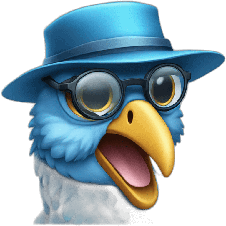 Crazy funny Cyberpunk Articuno head with beautiful smile wearing glasses and hat emoji