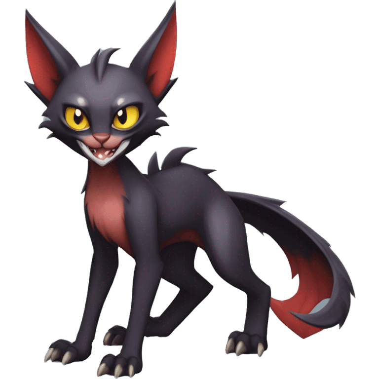 Black cool vampiric Noivern-Litten-Lykoi-Caracal-Fakemon with big bat ears and big fangs full-body emoji