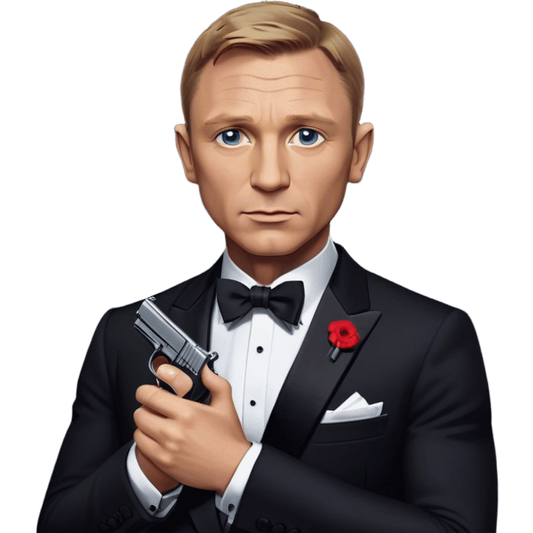 Cinematic Realistic James Bond Daniel Craig Portrait Emoji, depicted as the ultimate suave and enigmatic secret agent, donning a sharply tailored tuxedo, gripping a sleek handgun, with a piercing gaze that exudes confidence and danger. The scene is infused with moody, high-contrast cinematic lighting, evoking the thrilling world of espionage and intrigue. emoji