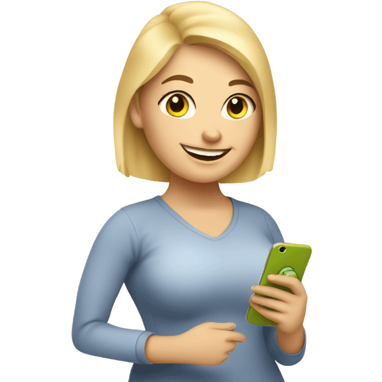 overweight blondie woman happy with a smartphone in hands showing charts emoji