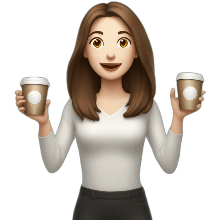 woman juggler with long straight brown hair and pale skin juggling coffee cups and miniature laptops in the air emoji