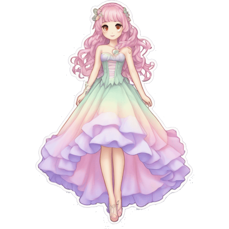 gorgeous pretty attractive anime lady beautiful pastel-gradient hair with gorgeous dress fairycore cottagecore pastelcore detailed high quality trending VOGUE aesthetic full body sticker emoji