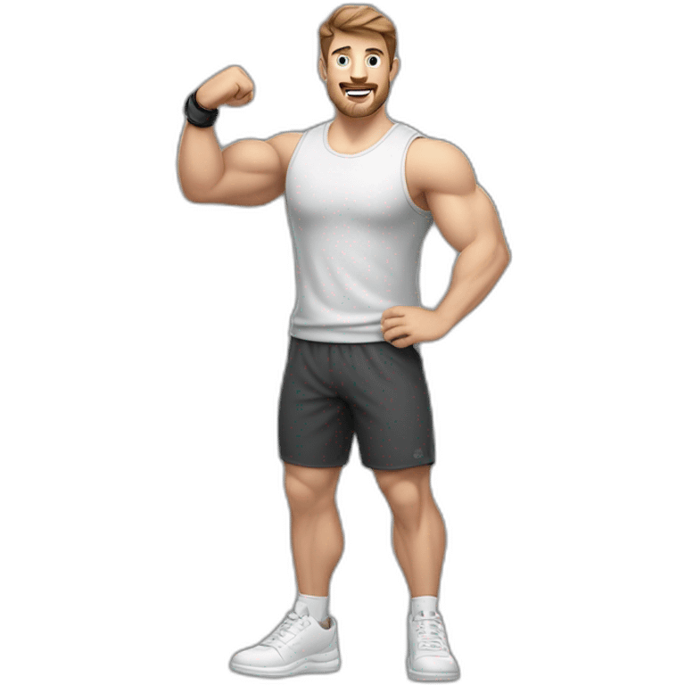 Full height realistic Actively gesturing with hands Pale skinned Fit Man With the biceps and brown hair in dark gray Sleeveless Mike, black oversize sports shorts, watch and white Sneakers emoji