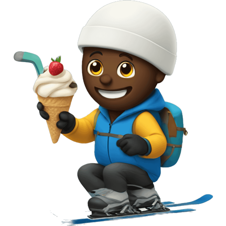 Dave is eating an atripple scoop of ice cream while skiing down a mountain emoji