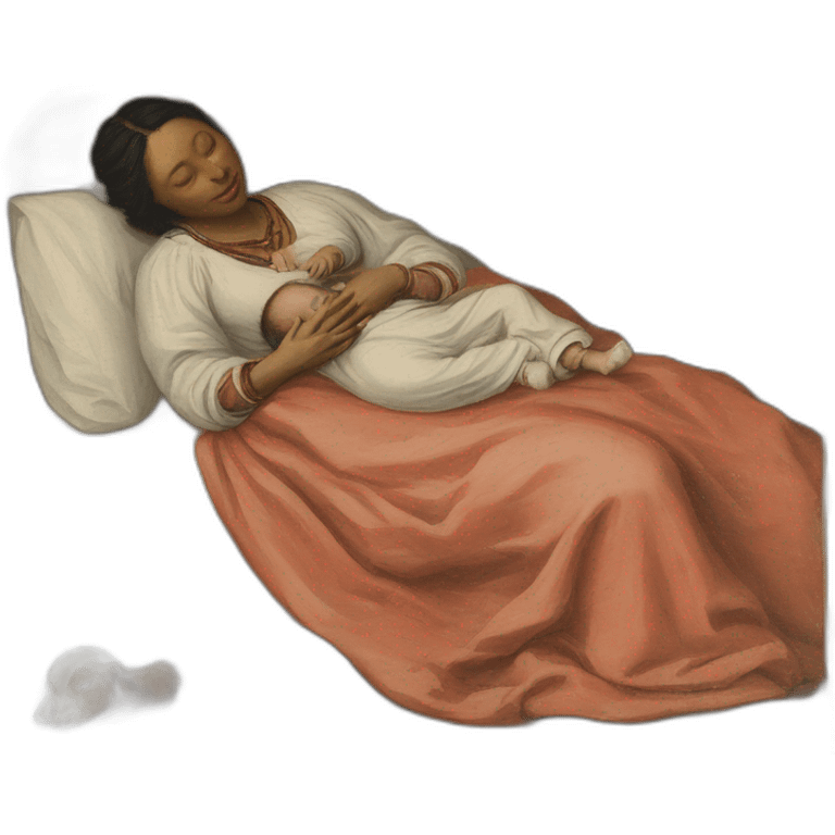 The tribal polish woman sleeping in bed with a babies, 17th century, emoji