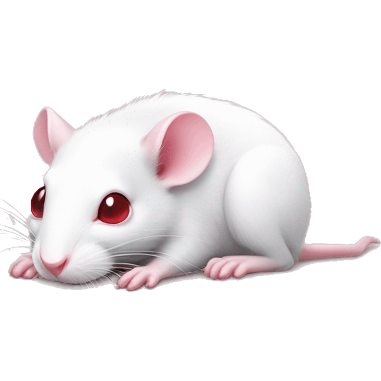 Realistic white rat with small ears, bright red eyes and baby pink tail and baby pink paws in sleeping position neutral face eyes open body is lying down curled up emoji