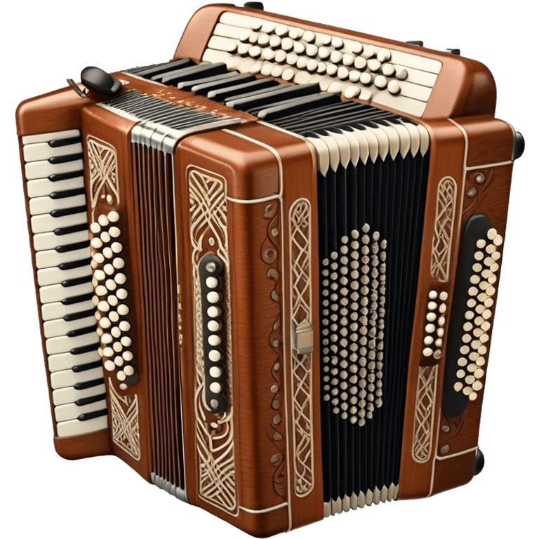 Cinematic Realistic image of a classic accordion, rendered with finely detailed textures and intricate keywork, set against a backdrop of soft, ambient lighting that highlights its vintage charm emoji