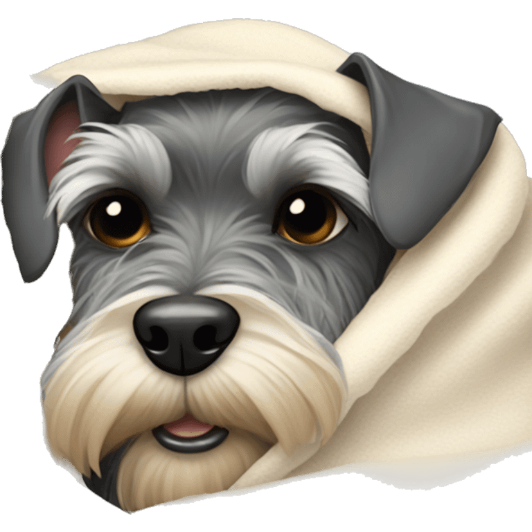 The miniature Schnauzer lies under a blanket emoji