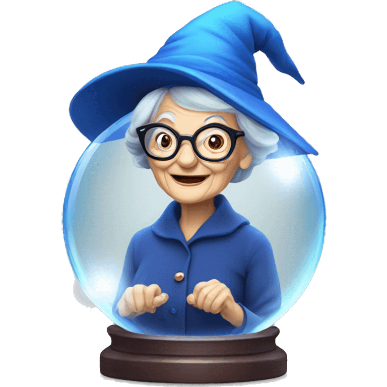 smart granny witch with glasses and blue hat in crystal ball emoji