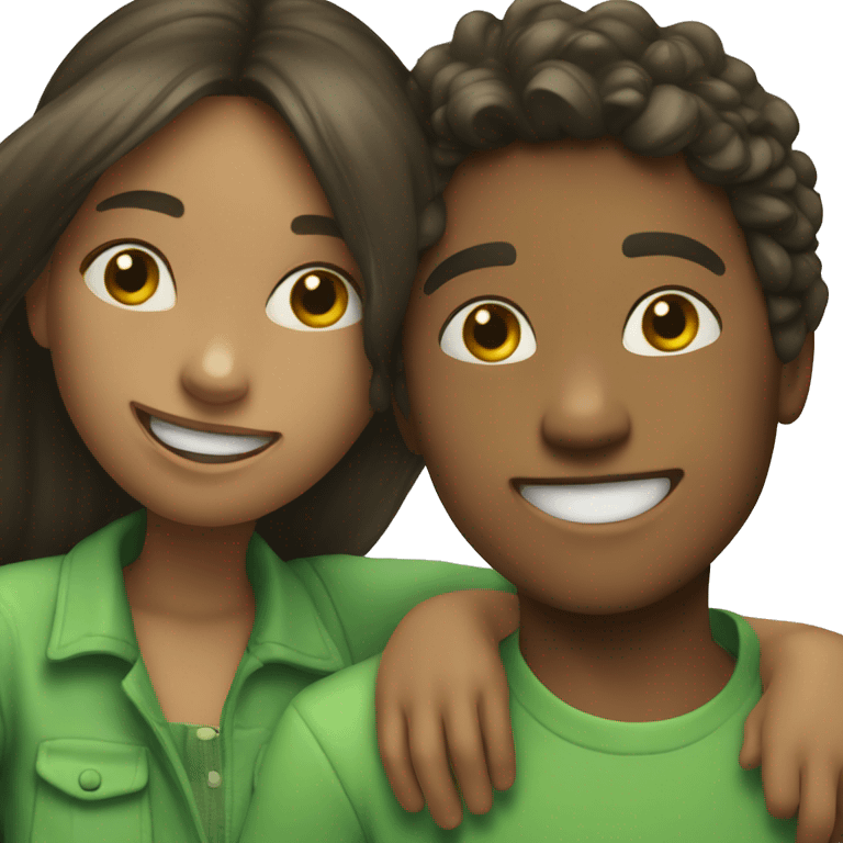 Girl in green and boy sharing a joyful moment emoji