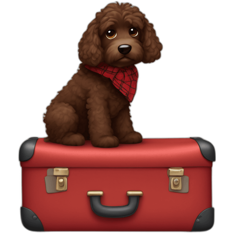 Chocolate colored doodle dog with wavy hair wearing a red and black flannel handkerchief with a carryon suitcase emoji