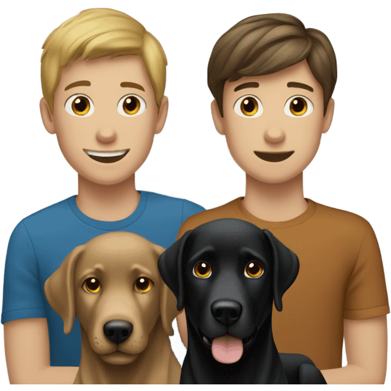 Black Labrador dog with two Caucasian teenage boys both boys have brown hair  emoji