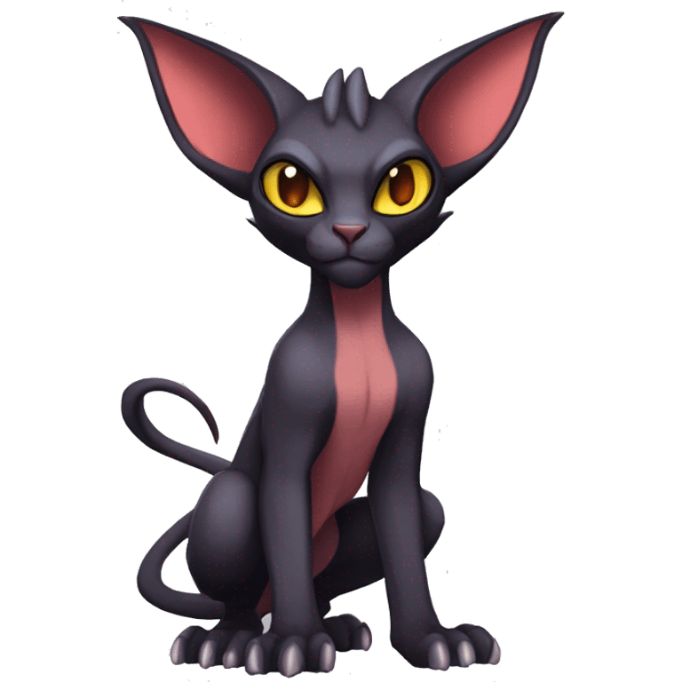 Black cool vampiric Noivern-Litten-Sphynx-Lykoi-Caracal-Fakemon with big bat ears full-body emoji