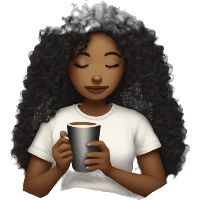 White skin color black curly hair girl inside a blanket sipping coffee şeyes closed emoji