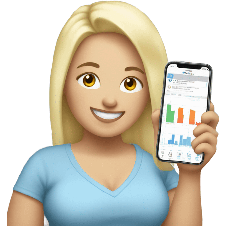 overweight blondie woman happy with a smartphone in hands showing charts emoji