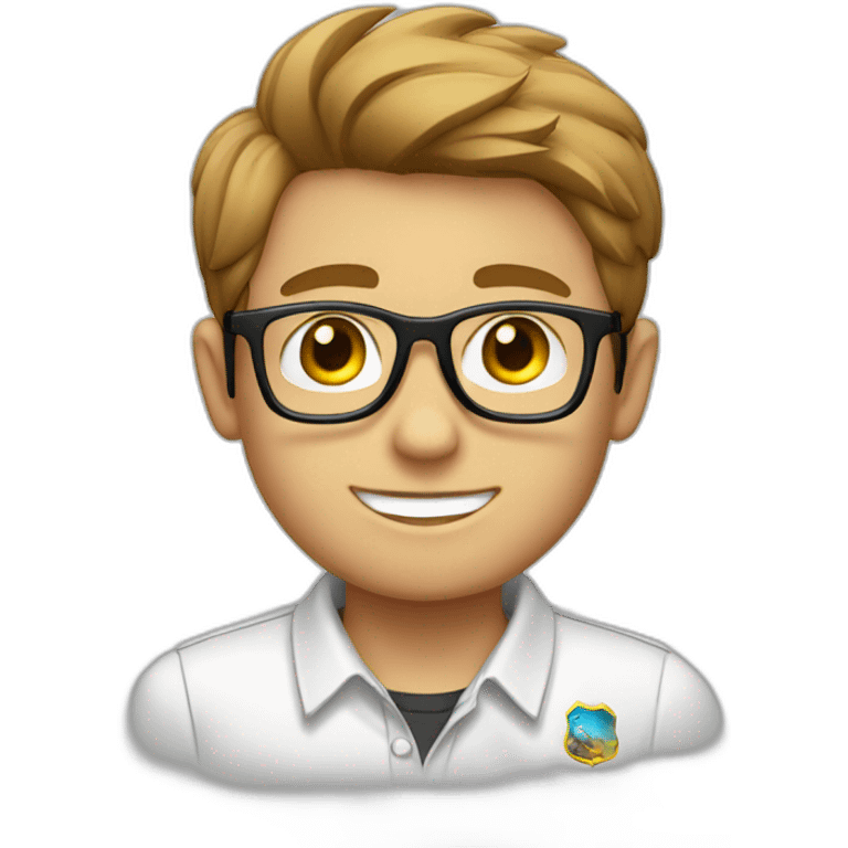 Light brown hair boy with glasses, with a white shirt and a badge with a logo GFT emoji