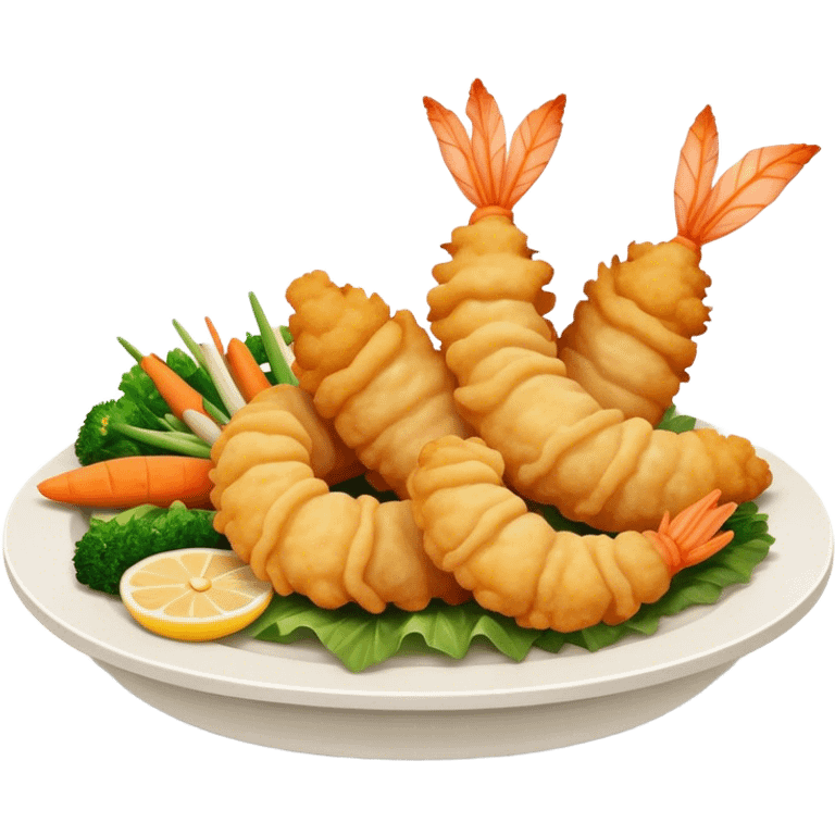 Cinematic Realistic Tempura Dish Emoji, depicted as lightly battered and fried seafood and vegetables rendered with delicate textures and crisp, inviting lighting. emoji