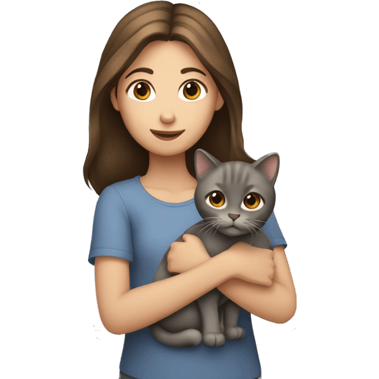 A girl with a brown hair holding a gray cat emoji