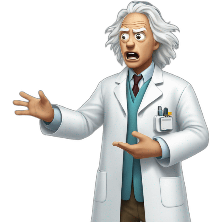 Doc brown from back to the future looking shocked and his mouth wide open. No eye-ware. Wearing a white lab coat. emoji