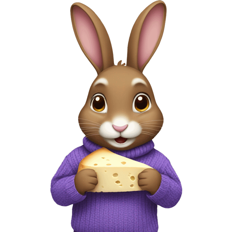 Cute rabbit: a brown rabbit wearing a purple sweater . Eating a gorgonzola cheese emoji