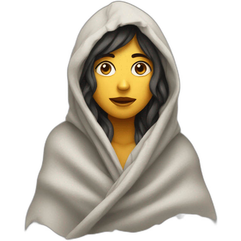 A woman in blanket looks like rock emoji