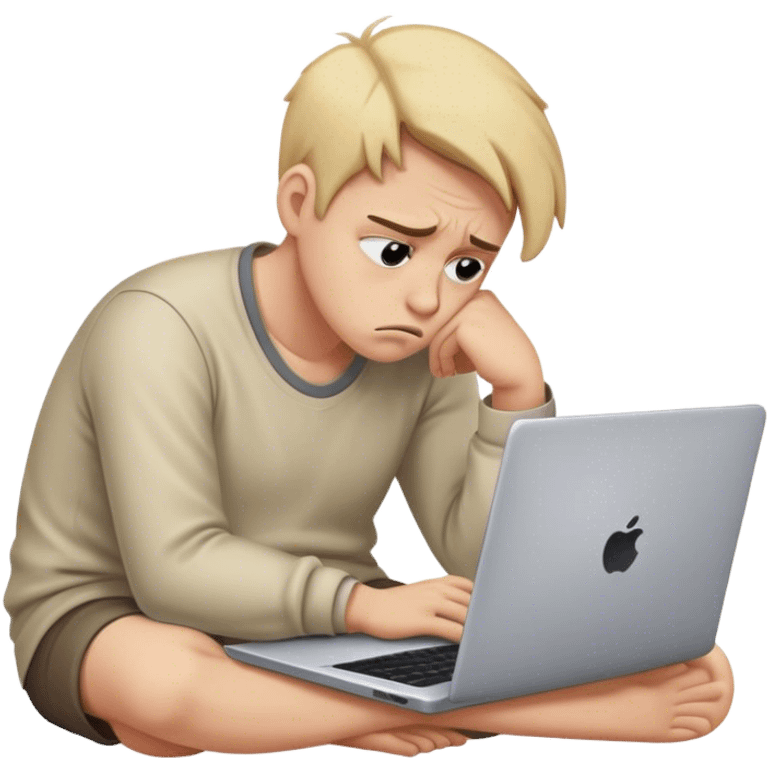 Create an emoji of a tired person sitting at a laptop, looking exhausted and frustrated. They have slouched posture, representing overwork and burnout. emoji