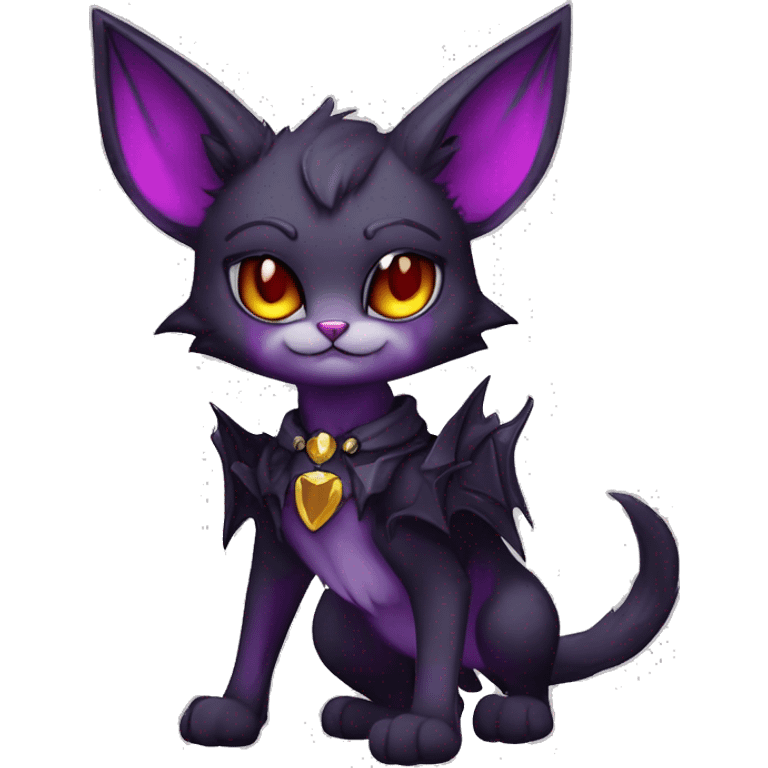 Anthro-Cute-Edgy-Cool-Vampiric-Batty-Cat-Black-Purple-Red-Grey-White-Yellow-Contrast-Colors-Fantasy-Fur-Sona-Chibi-Shiny-Fakémon-Hybrid with horns and big fangs and collar full body emoji