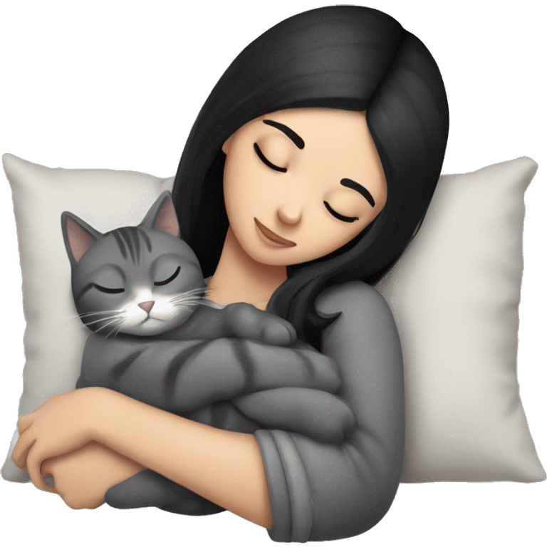 girl with black hair sleeping with grey cat emoji