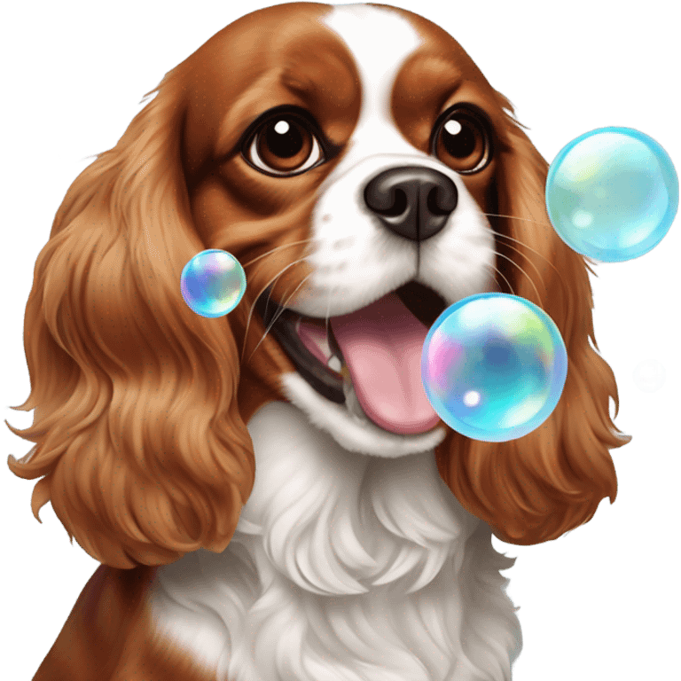 A king charles cavalier spaniel blowing bubbles emoji