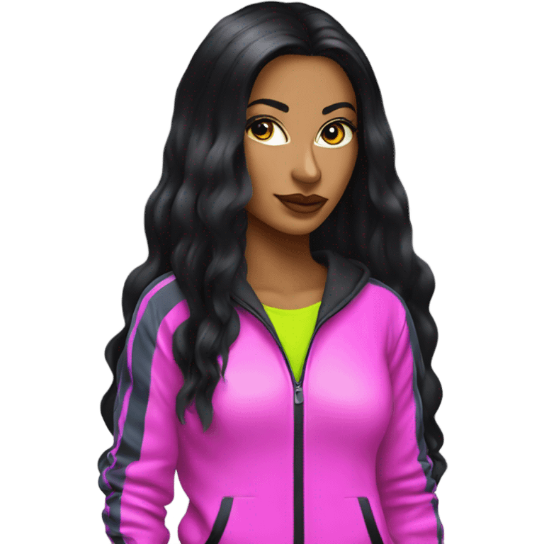 Tanned woman with long black hair, dressed in y2k  hair, makeup, and neon velvet tracksuit attire emoji