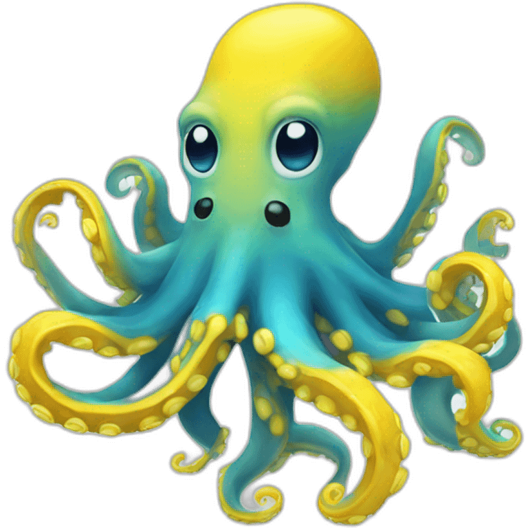 A blue octopus with a big smile with yellow under arms, blue coloured itself emoji