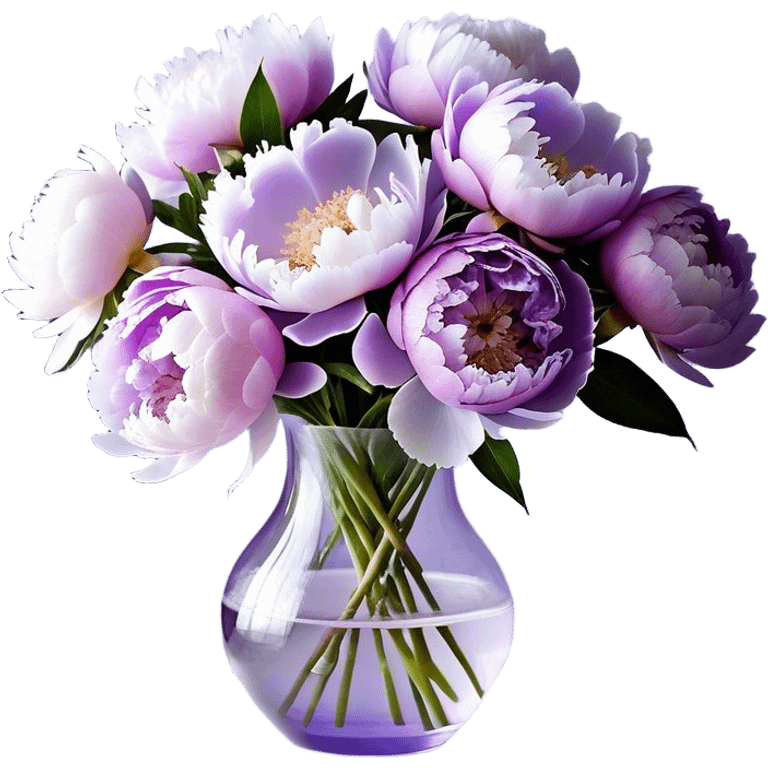 "A bouquet of peonies in soft shades of light purple, lilac, and icy lavender is arranged in a delicate, translucent glass vase with a pale violet tint. The petals, gently layered and slightly ruffled, spill over the edges, creating a sense of fullness. A silky, pastel purple ribbon is tied around the vase, with its ends cascading down in soft folds."
 emoji