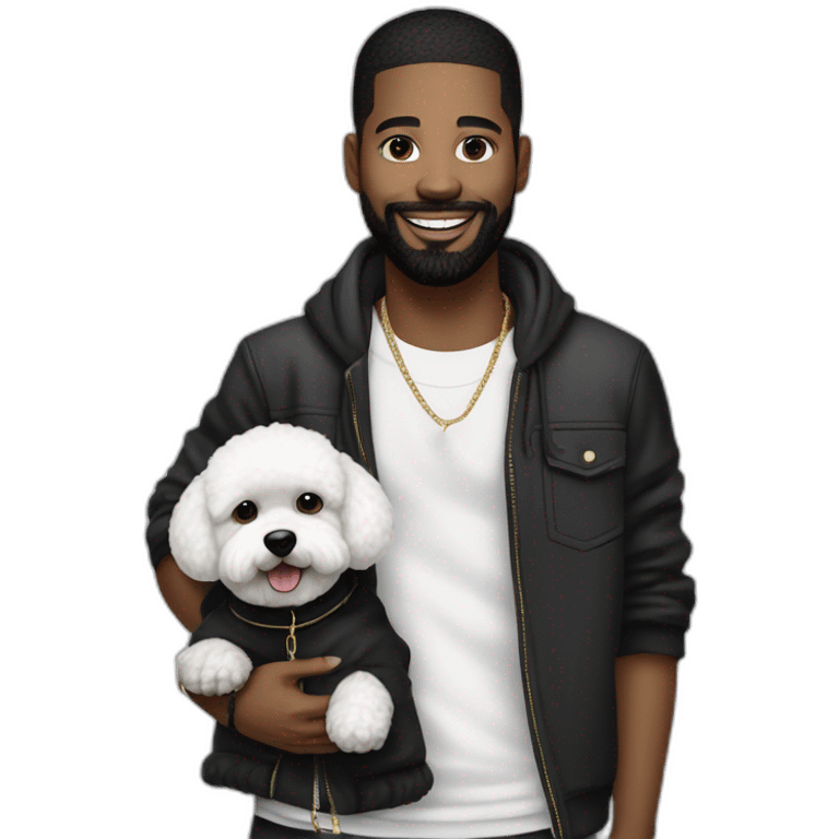 young-rapper-with hoop-white skin-black hair-beard-bichon dog-white-smile emoji