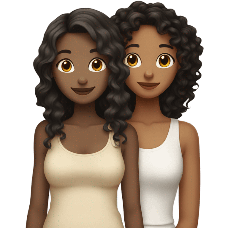 Tall white girl with wavy black hair hugging a tall tan girl with curly dark brown hair emoji