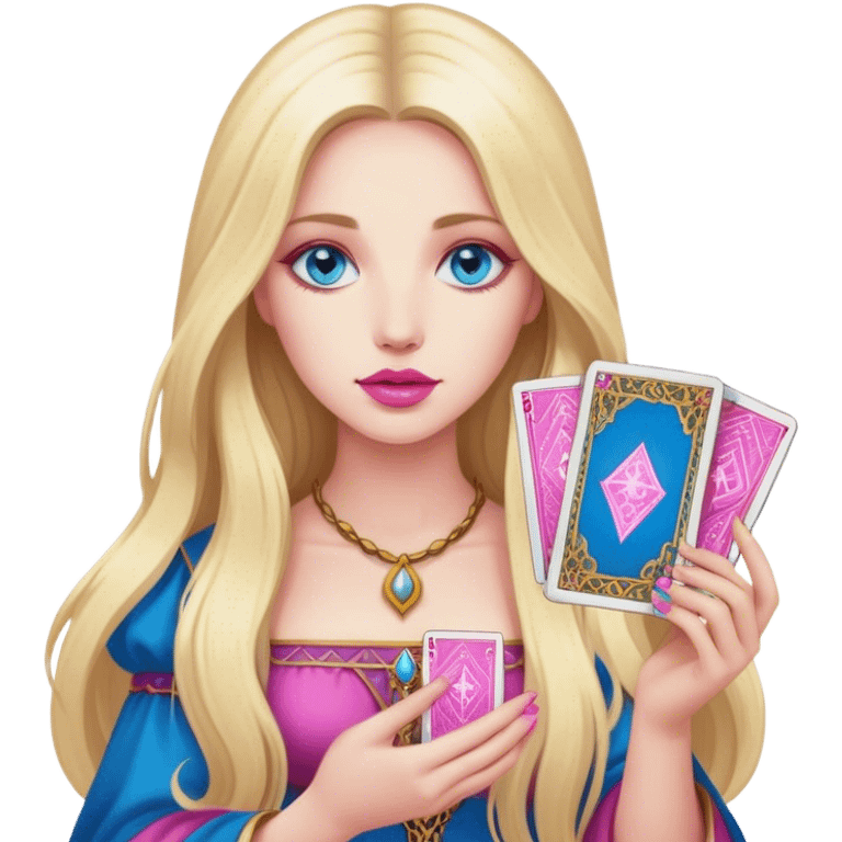 A realistic blonde with long hair and blue eyes and pink lips holds tarot cards in her hands emoji