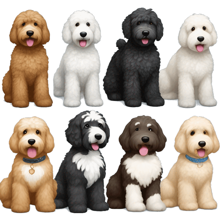 Black golden doodle, black golden doodle with white patch on chest, cream golden doodle, black white mini Sheepadoodle emoji