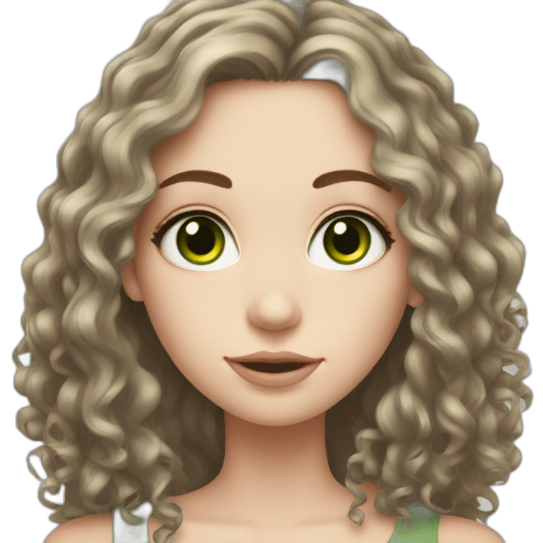 Brunette girl, long curly hair, green eyes, pale skin emoji