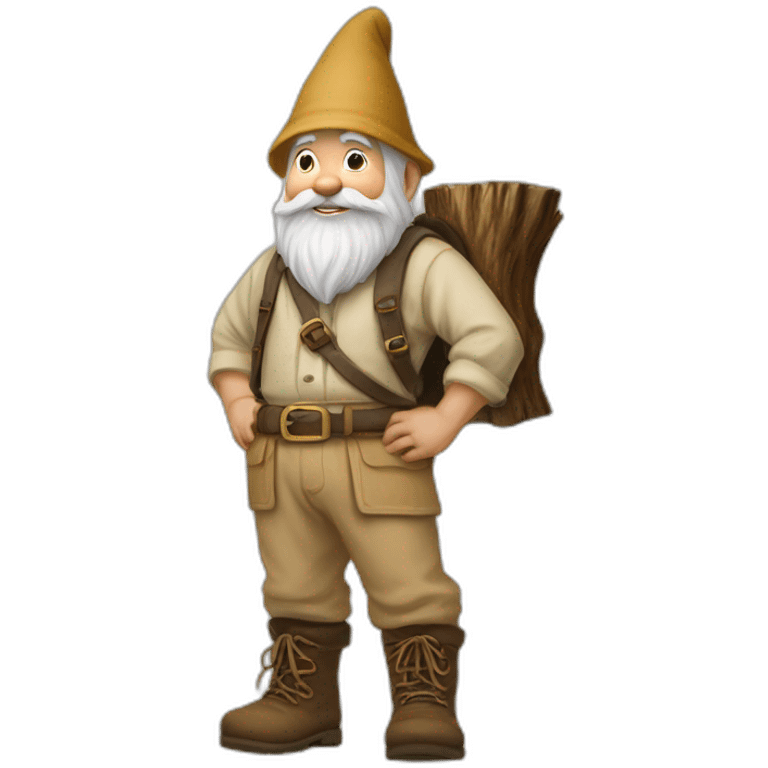 side view of gnome with light tan pants and light tan boots squatting above small brown log emoji