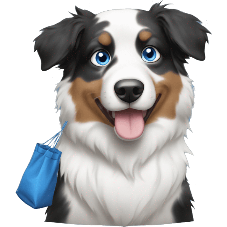 black and white australian shepherd with blue eyes holding a bag of poop emoji