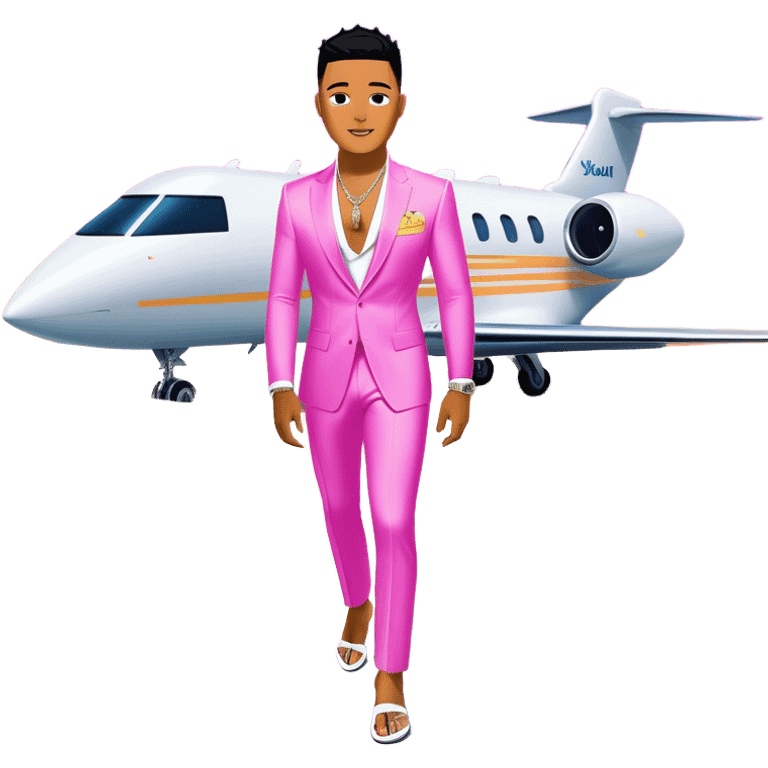 Josh King Madrid, digital entrepreneur and AI mogul, stepping off a glowing neon private jet onto a runway lined with stacks of cash, he is surrounded by multiple robo-chicks showing off summer swimwear fashion. These robots look like the AI versions of the 5 Kardashians sisters. It’s super emojified type art  emoji