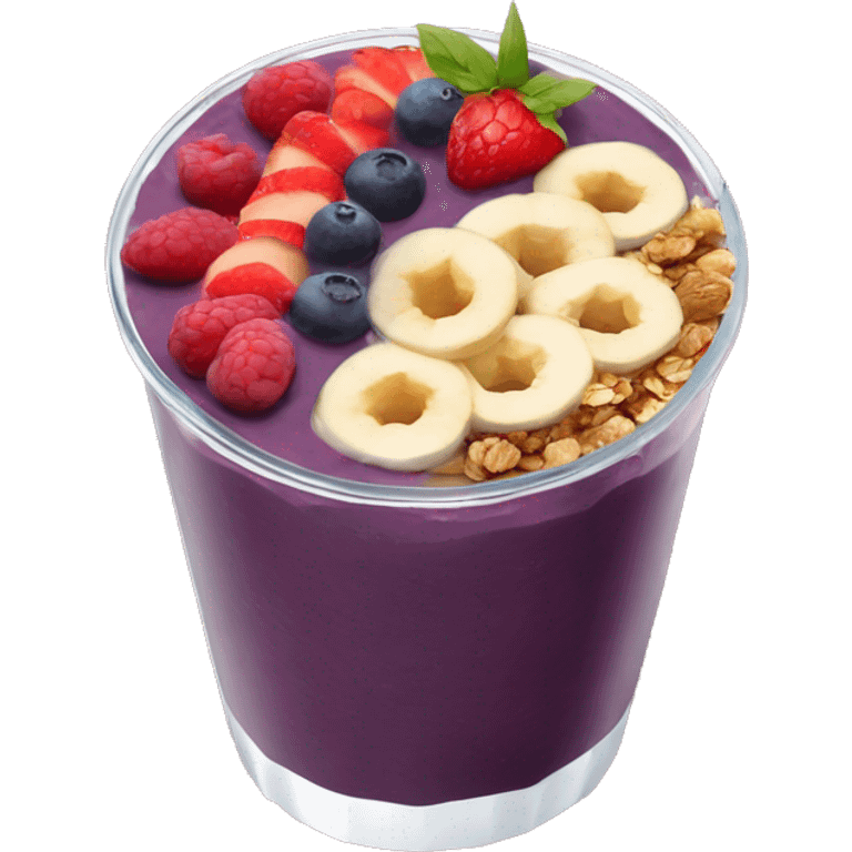 Açaí in a clear cup with layers of fruits and granola and condensed milk emoji