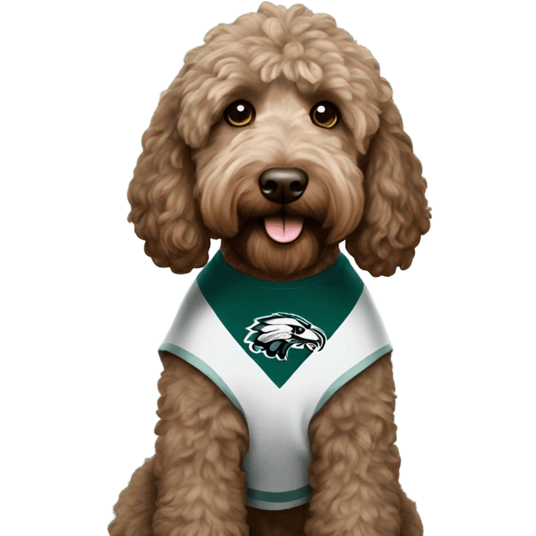 brown Labradoodle wearing a Philadelphia eagles shirt emoji