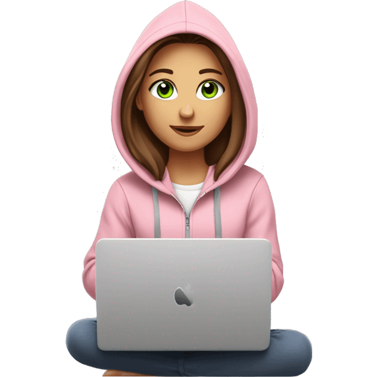 a girl with brown long hair, fair skin, green eyes, is working relaxed at a modern laptop in a monochrome pale pink zip hoodie with a hood and a pink monochrome T-shirt emoji