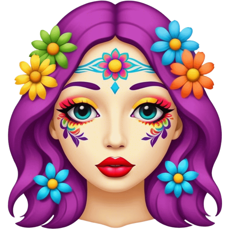 psychedelic colored lips with hippie style flowers emoji