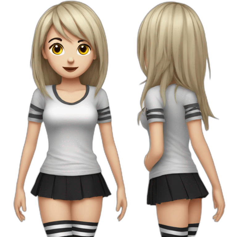 Frontal view curvy emo girl sits white skirt striped stockings hands up emoji