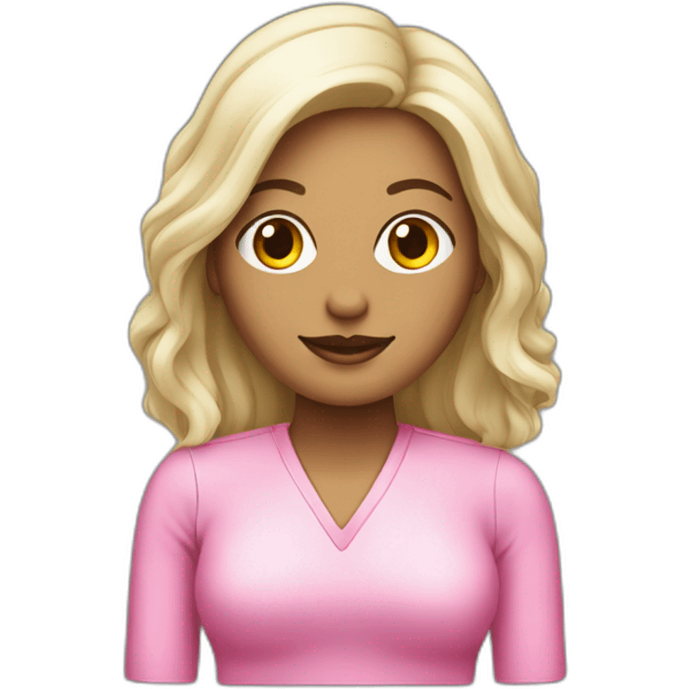 Mujer de piel blanca de cabello negro en un computador rosado emoji