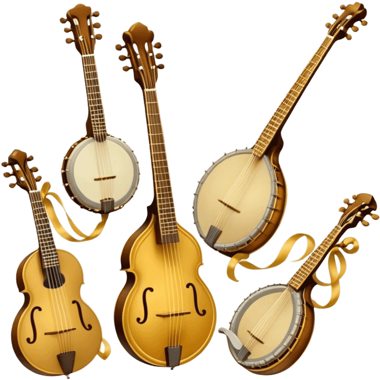 Create a grand, heraldic-style emoji collage representing plucked string instruments. The design should resemble a majestic emblem, featuring a collection of iconic instruments such as a banjo, mandolin, domra, sitar, and other plucked string instruments. Arrange the instruments symmetrically, with their necks and strings intertwining gracefully like a coat of arms. A flowing ribbon of musical notes should elegantly weave through the instruments, creating a sense of harmony and movement. The emblem should have a luxurious, golden and bronze color palette with intricate decorative elements, adding depth and a professional touch. Subtle lighting effects should highlight the polished wood and metal strings of the instruments. The background should be transparent, making the design adaptable for various uses emoji