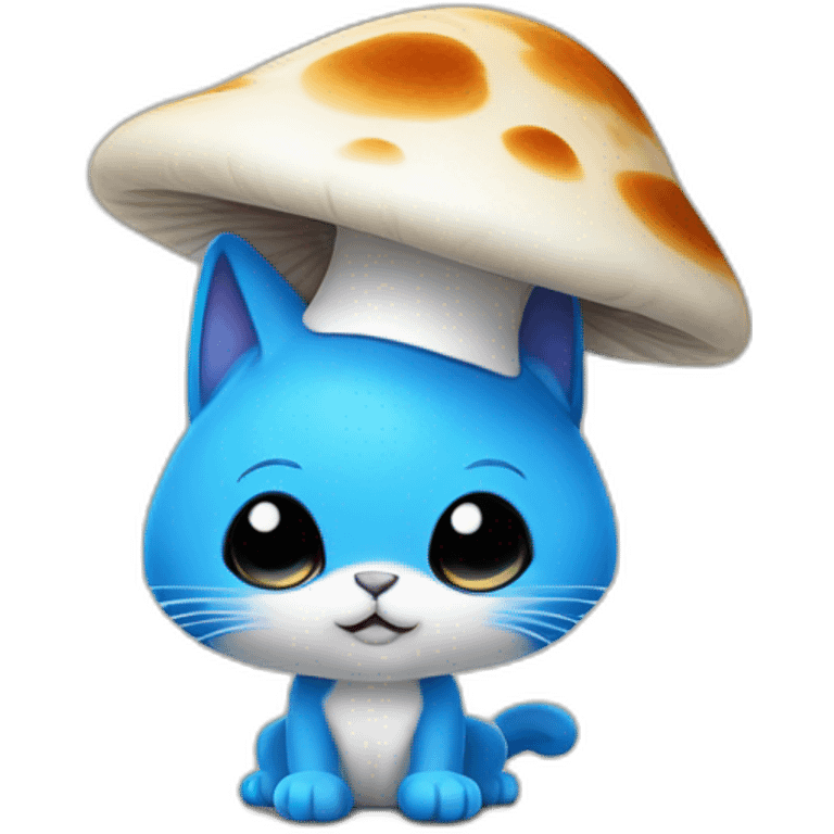 Blue smurf cat with black eyes wearing a large white mushroom as hat, no body emoji