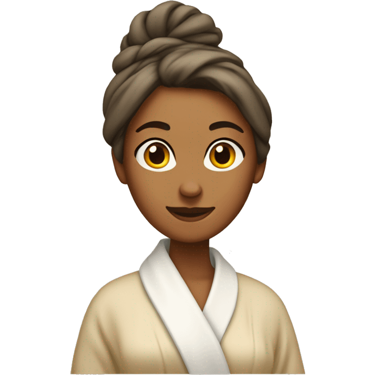 tan woman in robe with hair up in a towel emoji