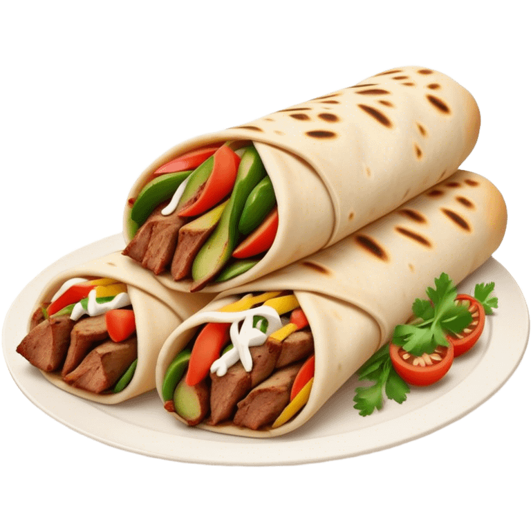 Cinematic Realistic Shawarma Dish Emoji, showcasing spiced, succulent meat wrapped in flatbread with fresh vegetables rendered with lifelike detail and dynamic, appetizing lighting. emoji